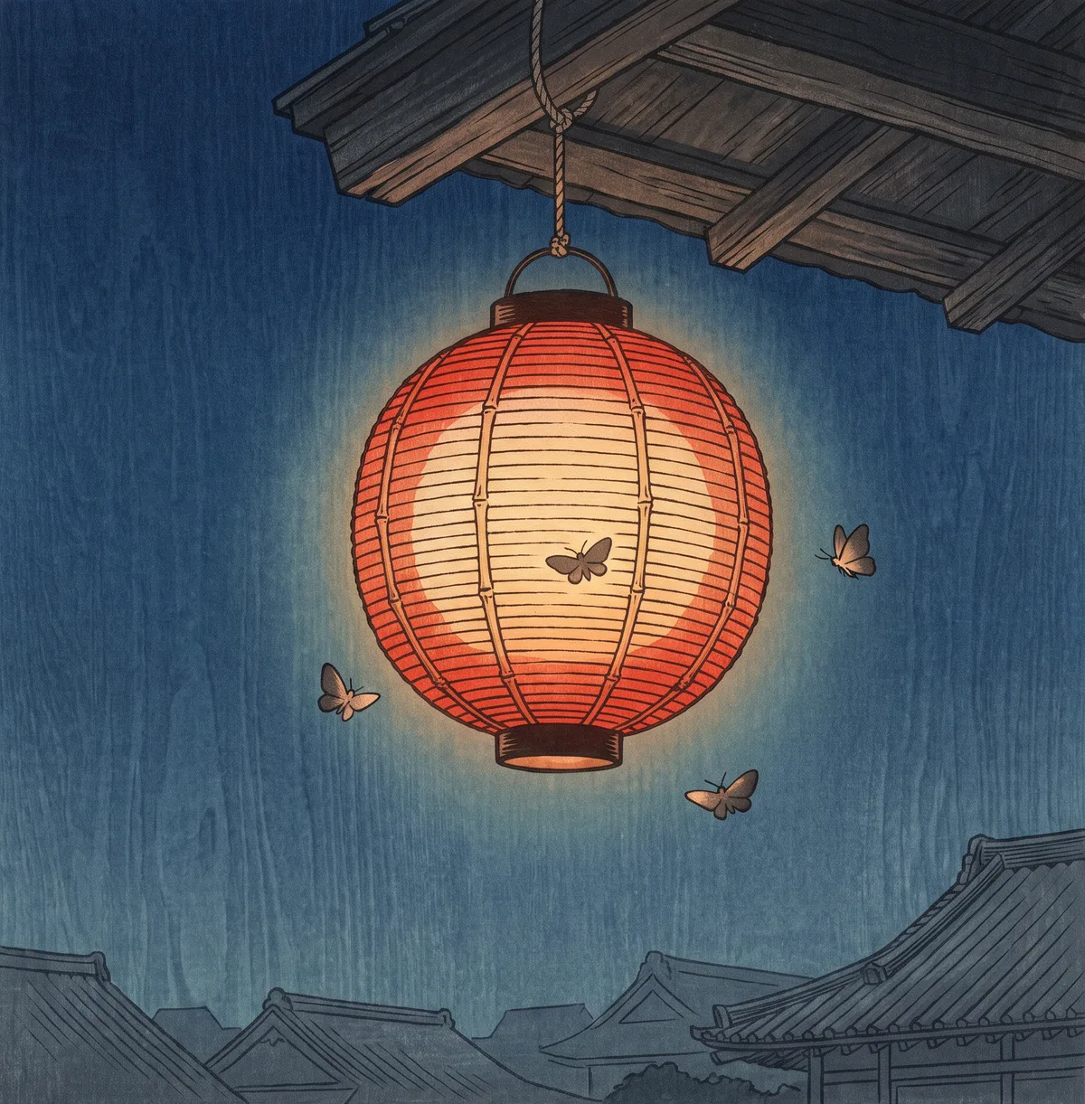 A woodblock-print paper lantern glowing under a wooden eave at night, moths circling its light